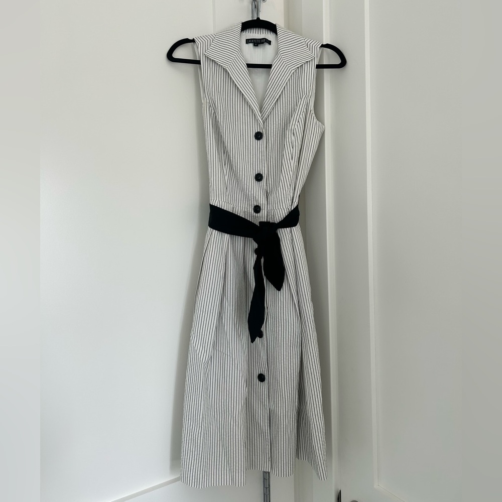 Lafayette 148 New York Dress, size 6. White pinstripe and black sash belt.